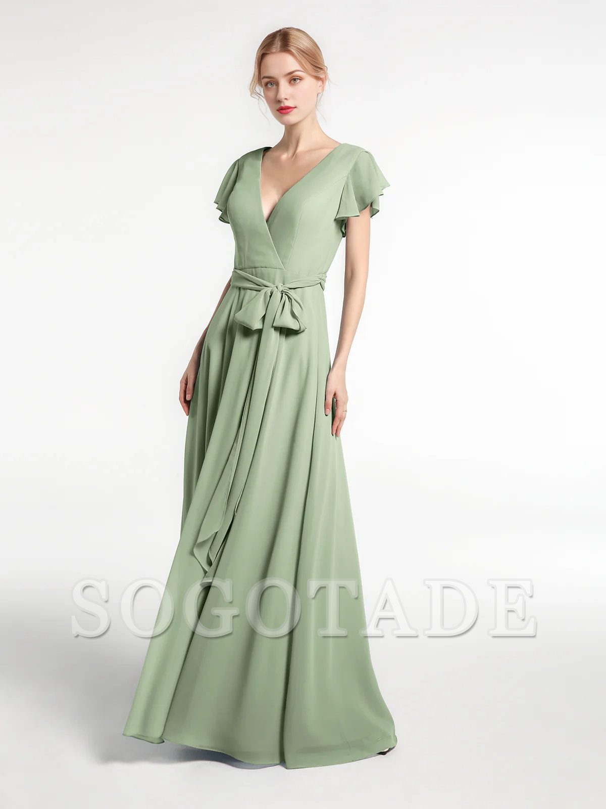V-neck hooded sleeve self bow chiffon dress