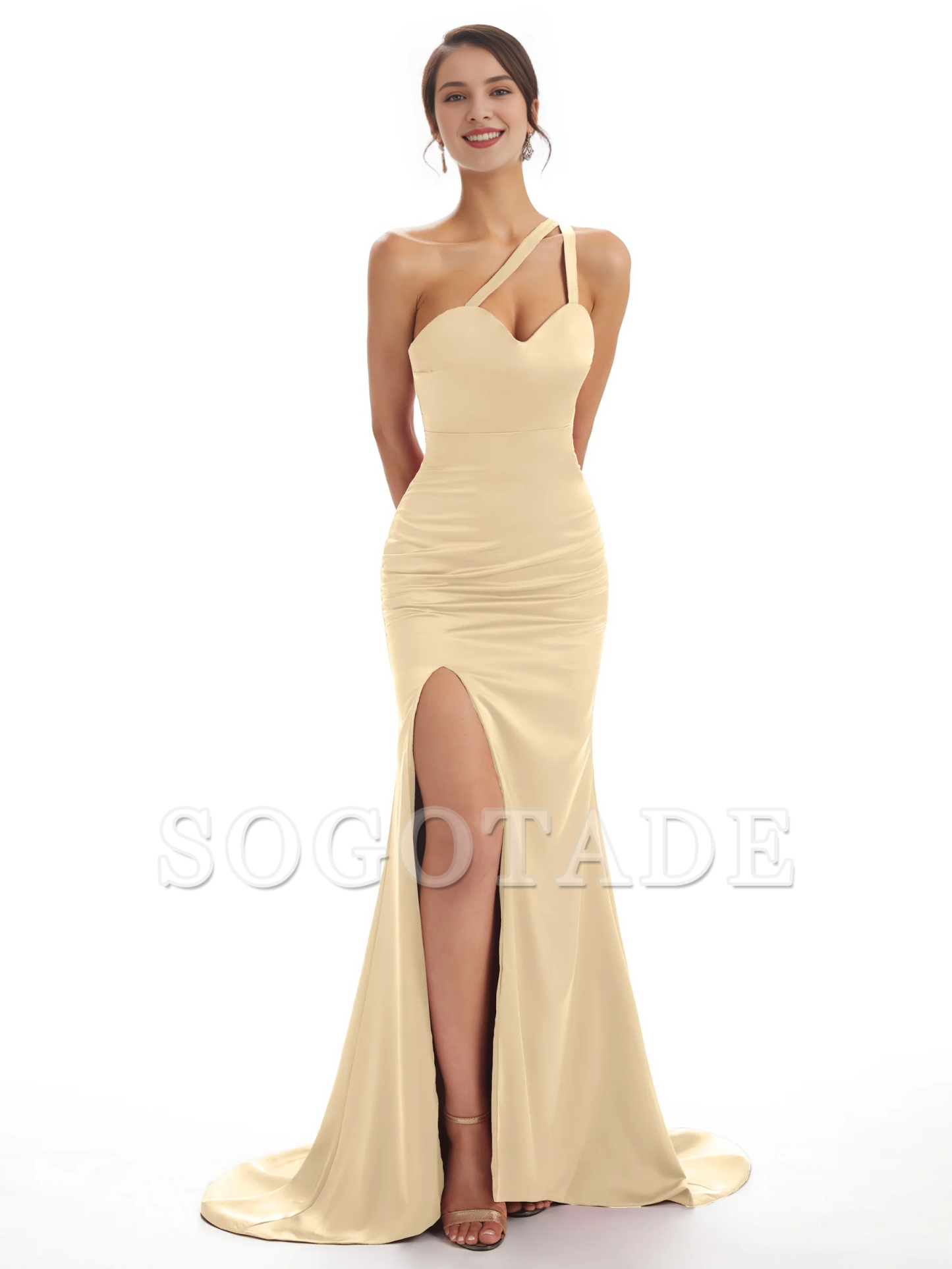 Sexy shoulder soft satin side slit fish tail long bridesmaid dress