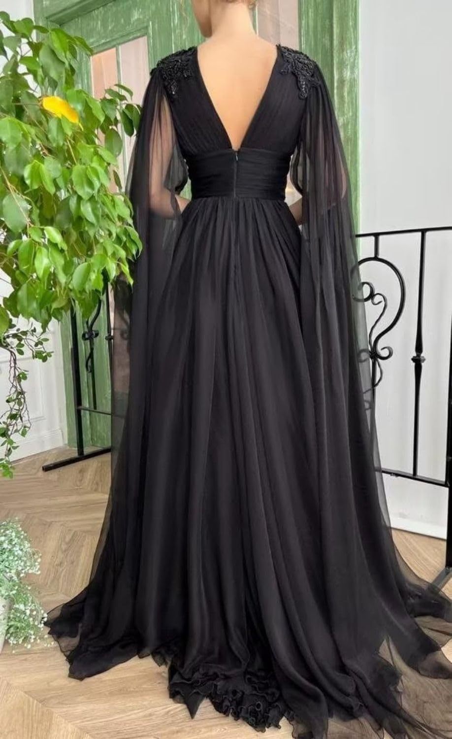 A-Line Evening Gown Black Dress Plus Size Formal Masquerade Court Train Long Sleeve V Neck Wednesday Addams Family Chiffon with Buttons Slit Appliques 2024-SOGOTADE