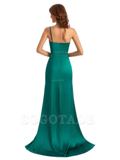 Sexy Silky Satin Side Slit One Shoulder Unique Long Wedding Guest Maxi Dresses