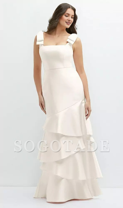 Asymmetric layered skirt with bow shoulder satin Prom dress