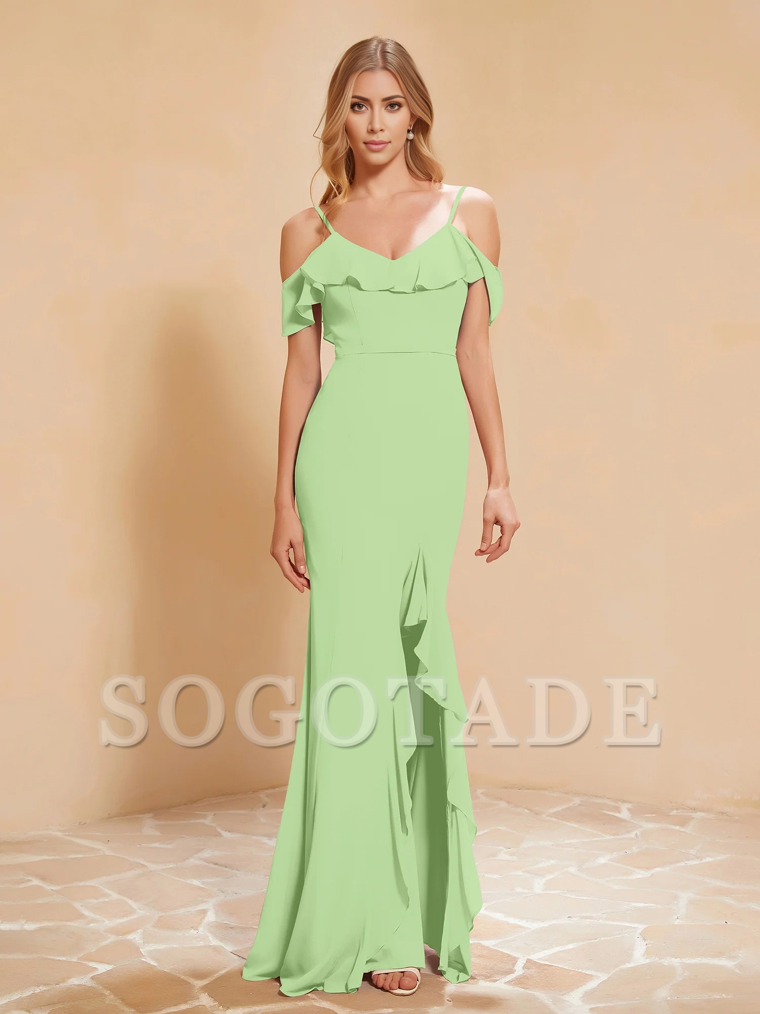 Ruffle V-neck floating sleeve fishtail chiffon dress