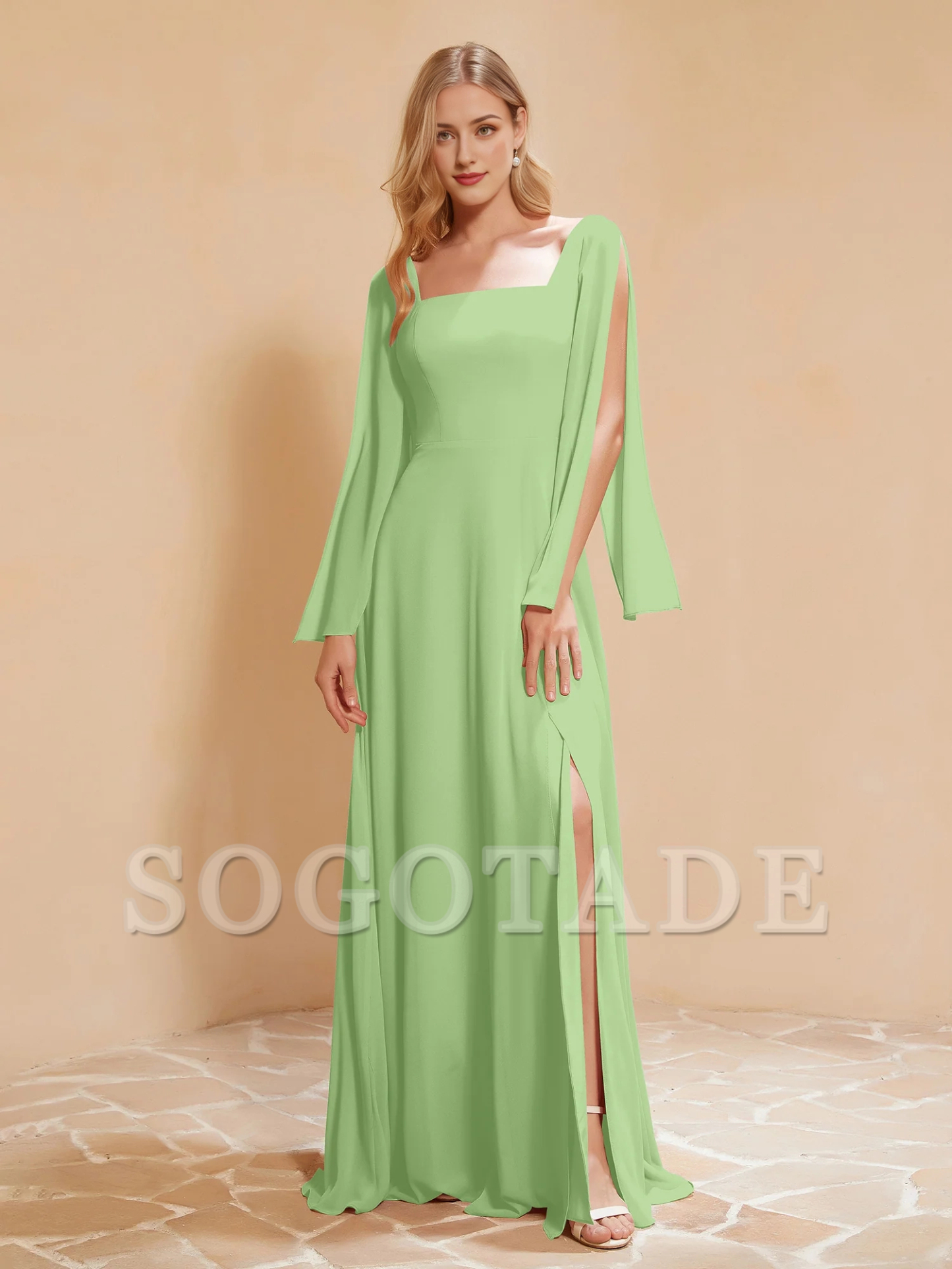 Square neck pleated chiffon and floor dress