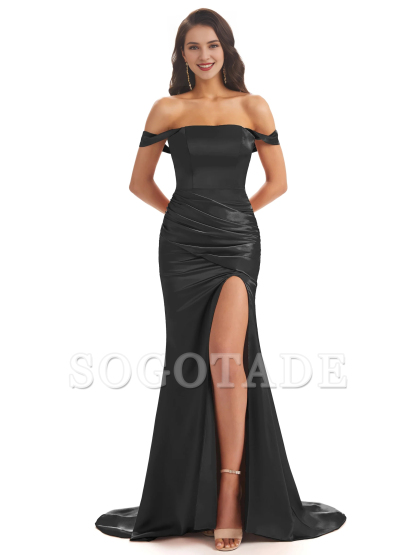 Sexy soft satin off shoulder side slit and floor length fishtail bridesmaid dress