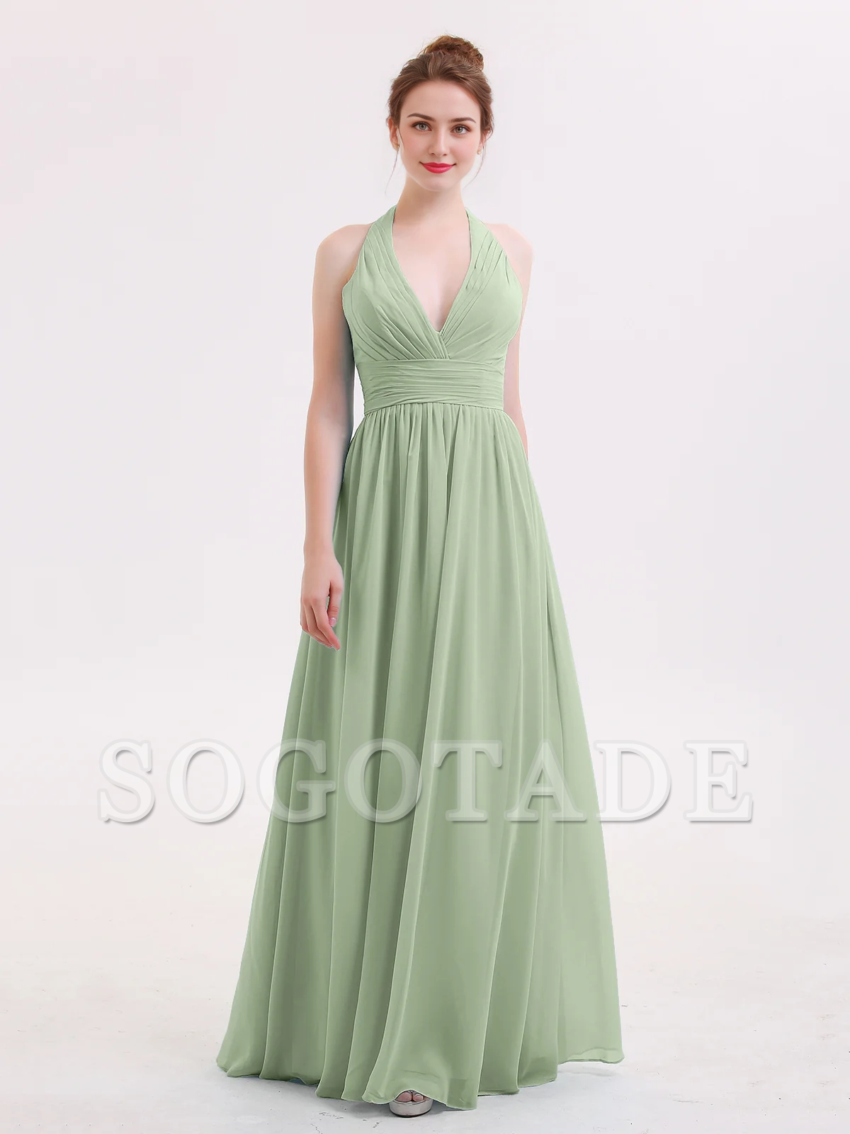 Hanging neck V-neck chiffon bridesmaid dress