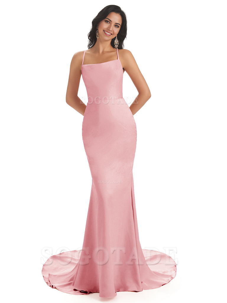 Mermaid Spaghetti Backless Straps Satin Long formal dresses evening gown Bridesmaid Dresses