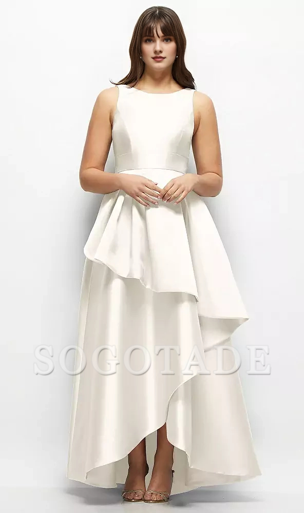 Asymmetric layering and floor length satin Prom dress