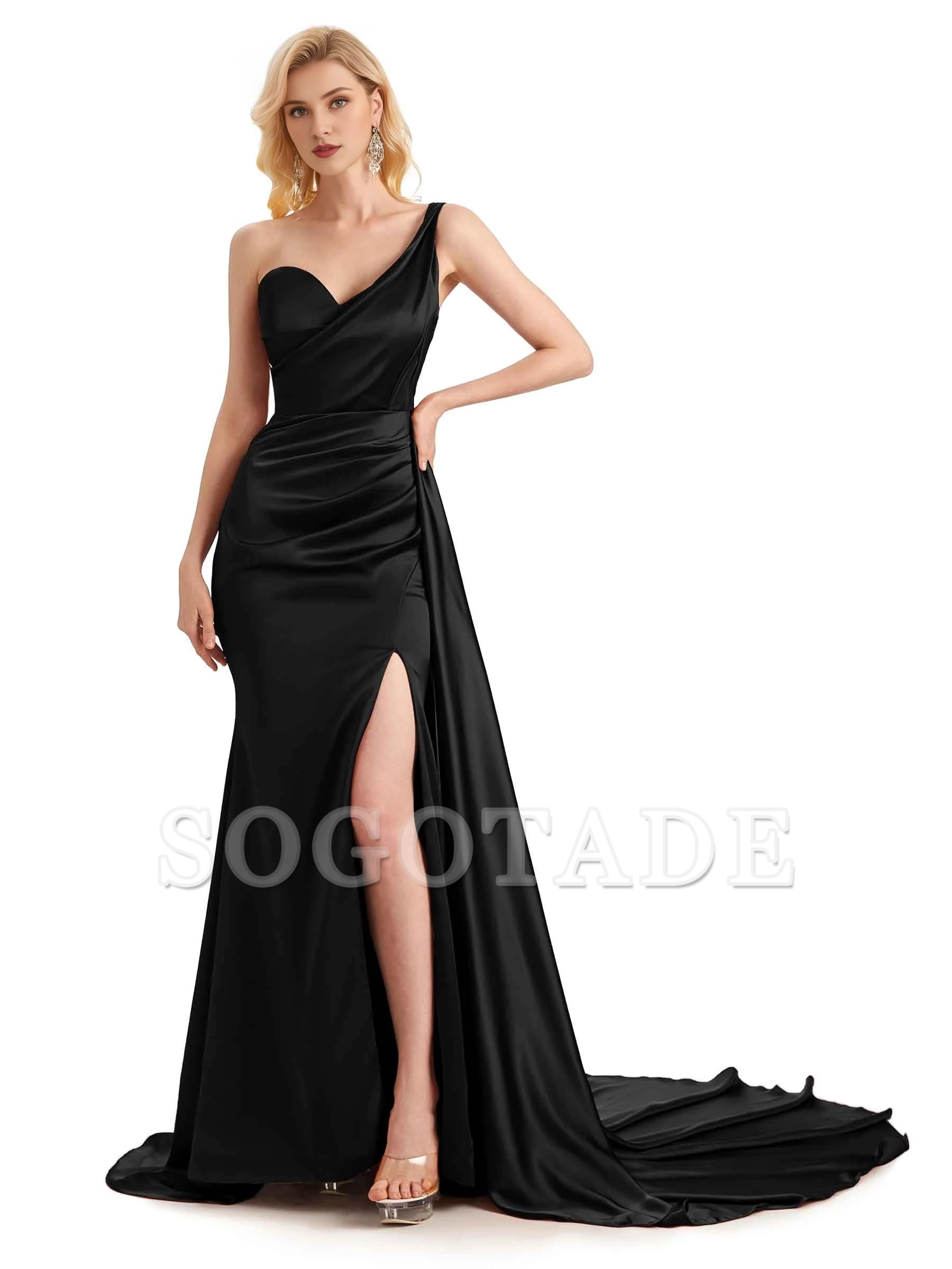 Sexy side slit shoulder long soft satin unique mermaid bridesmaid dress