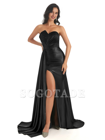 Asymmetric neckline fishtail satin side slit and floor length fishtail bridesmaid dress