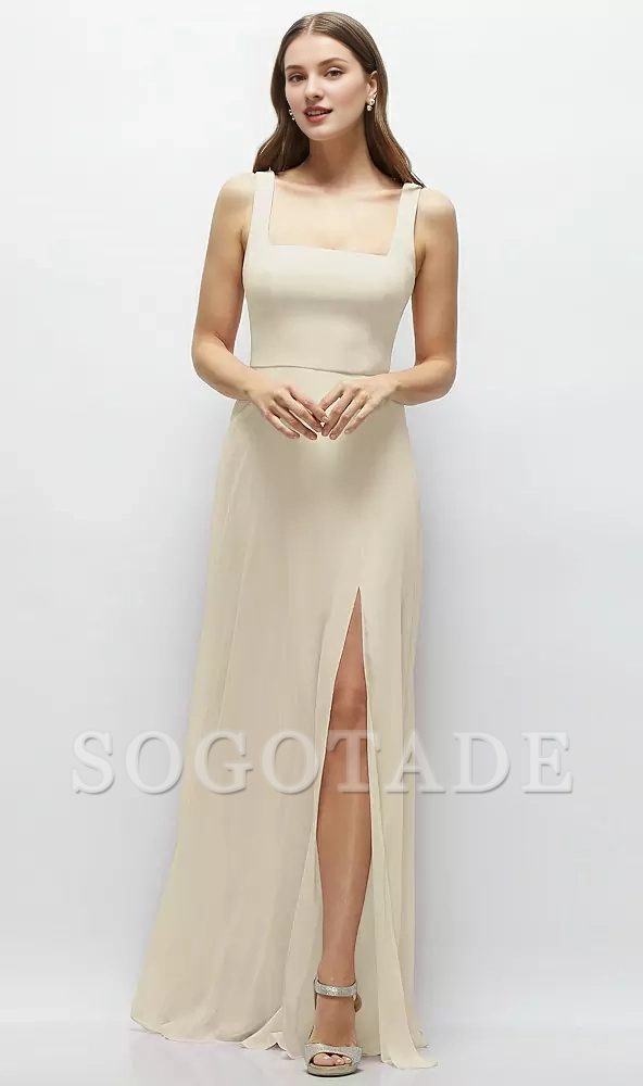 Round skirt square neck chiffon extra long bridesmaid dress