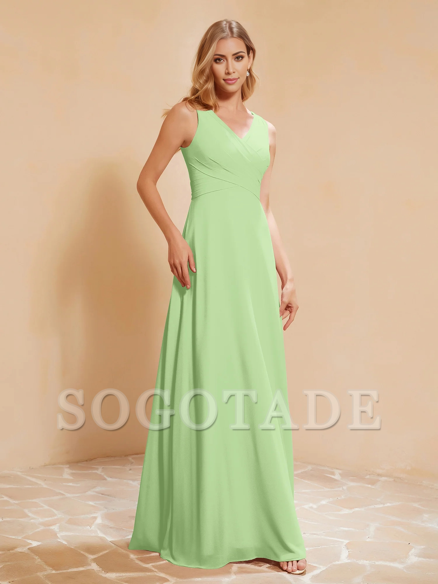 Bow pleated V-neck chiffon A-line dress