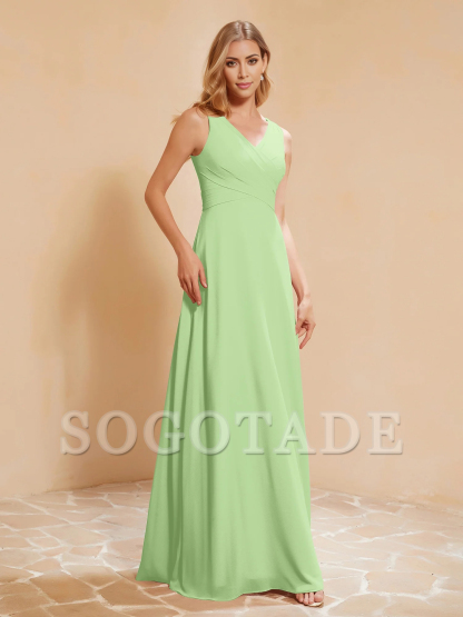 Bow pleated V-neck chiffon A-line dress