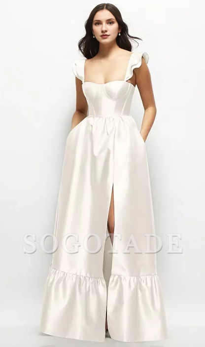 Ruffle shoulder strap satin tight corset long bridesmaid dress