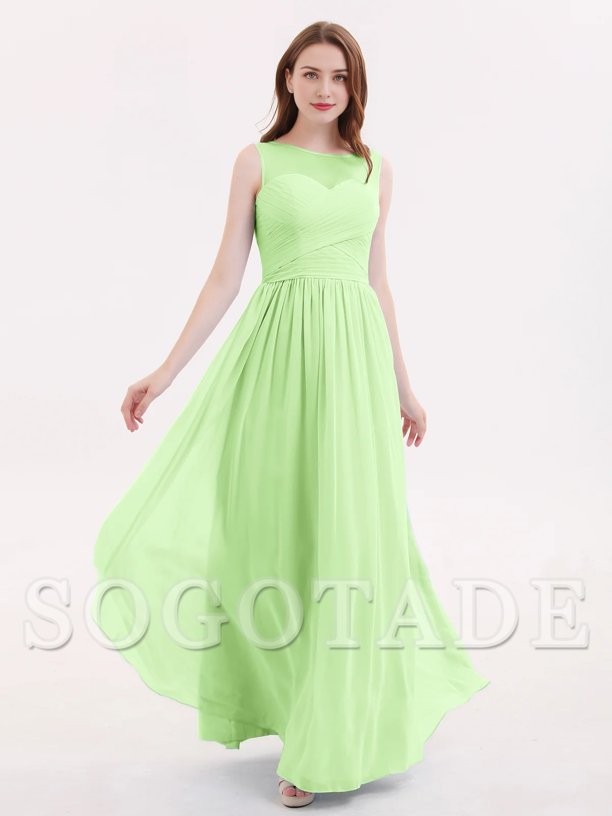 Illusionary collar chiffon long dress