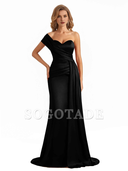 Elegant one shoulder soft satin long fish tail bridesmaid dress