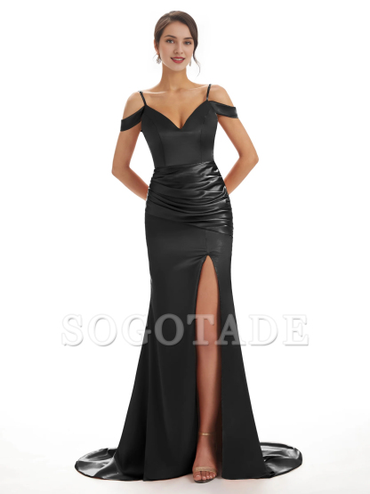 Sexy off shoulder soft satin side slit long fish tail bridesmaid dress