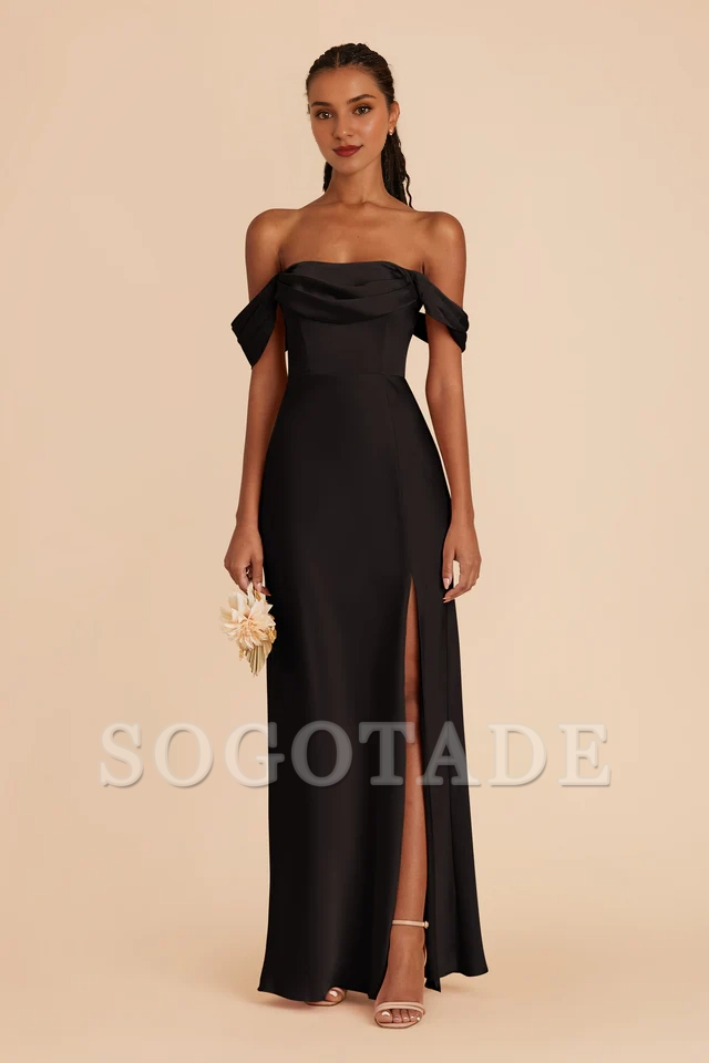 Folded collar off shoulder satin backless and floor length bridesmaid dress
