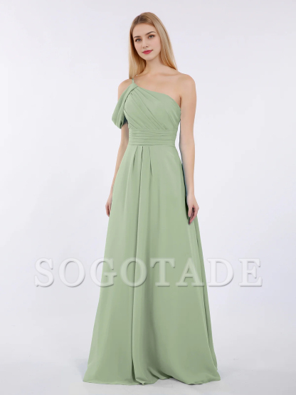 One shoulder chiffon long bridesmaid dress