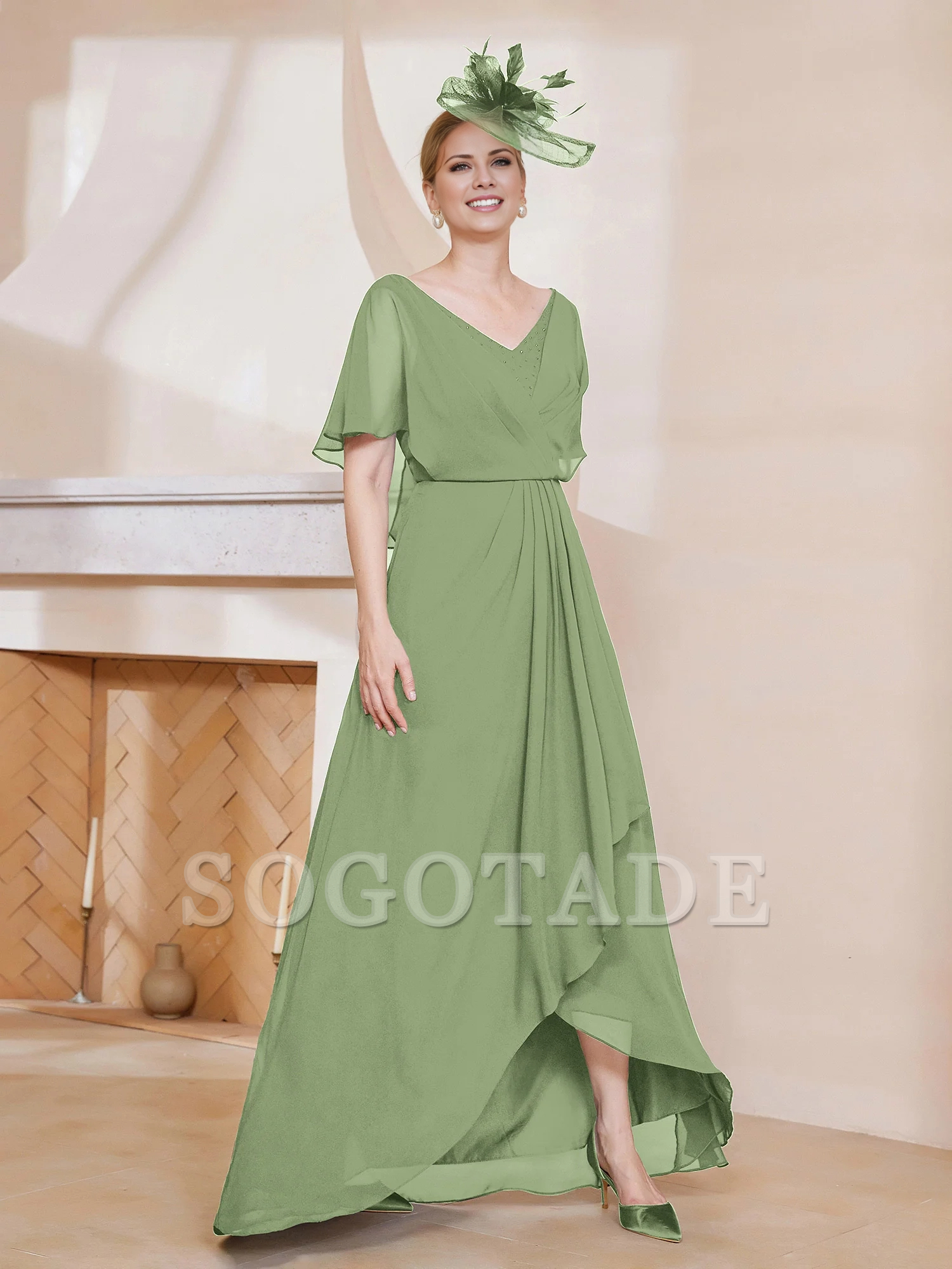 V-neck ruffle sleeves asymmetrical mother of the bride dress