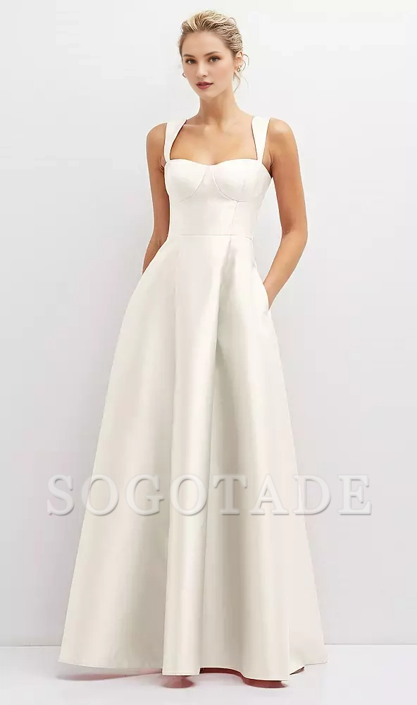 Pocket tie back tight corset satin and floor length Prom dress