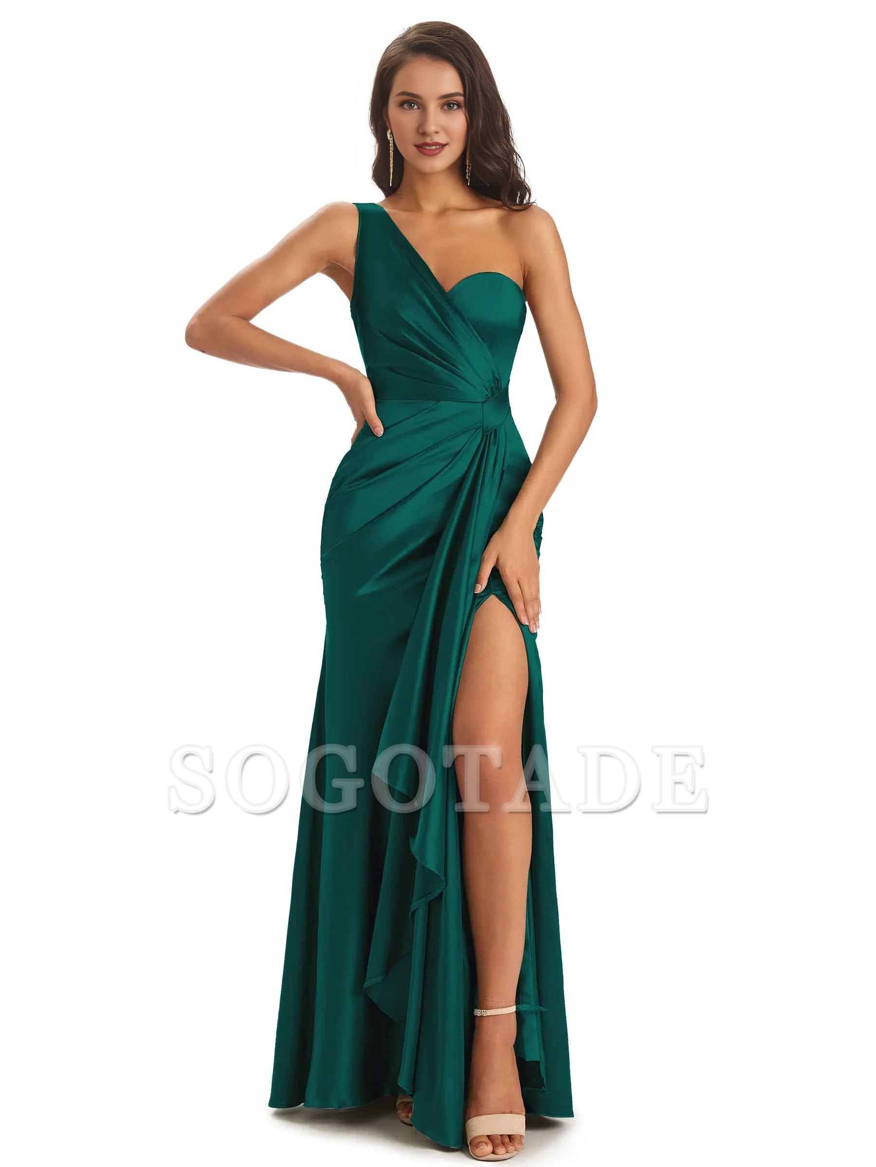 Elegant and soft satin side slit one shoulder unique fish tail bridesmaid dress