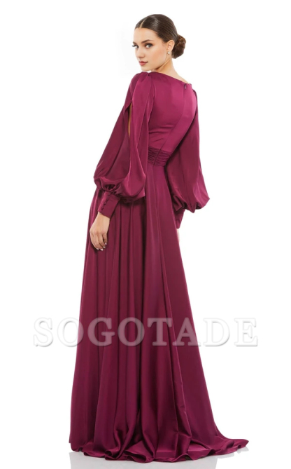 A-line V-neck satin long sleeved back zipper and floor length Prom dress