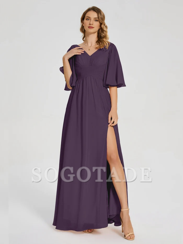 V-neck half sleeved chiffon mother of the bride dress