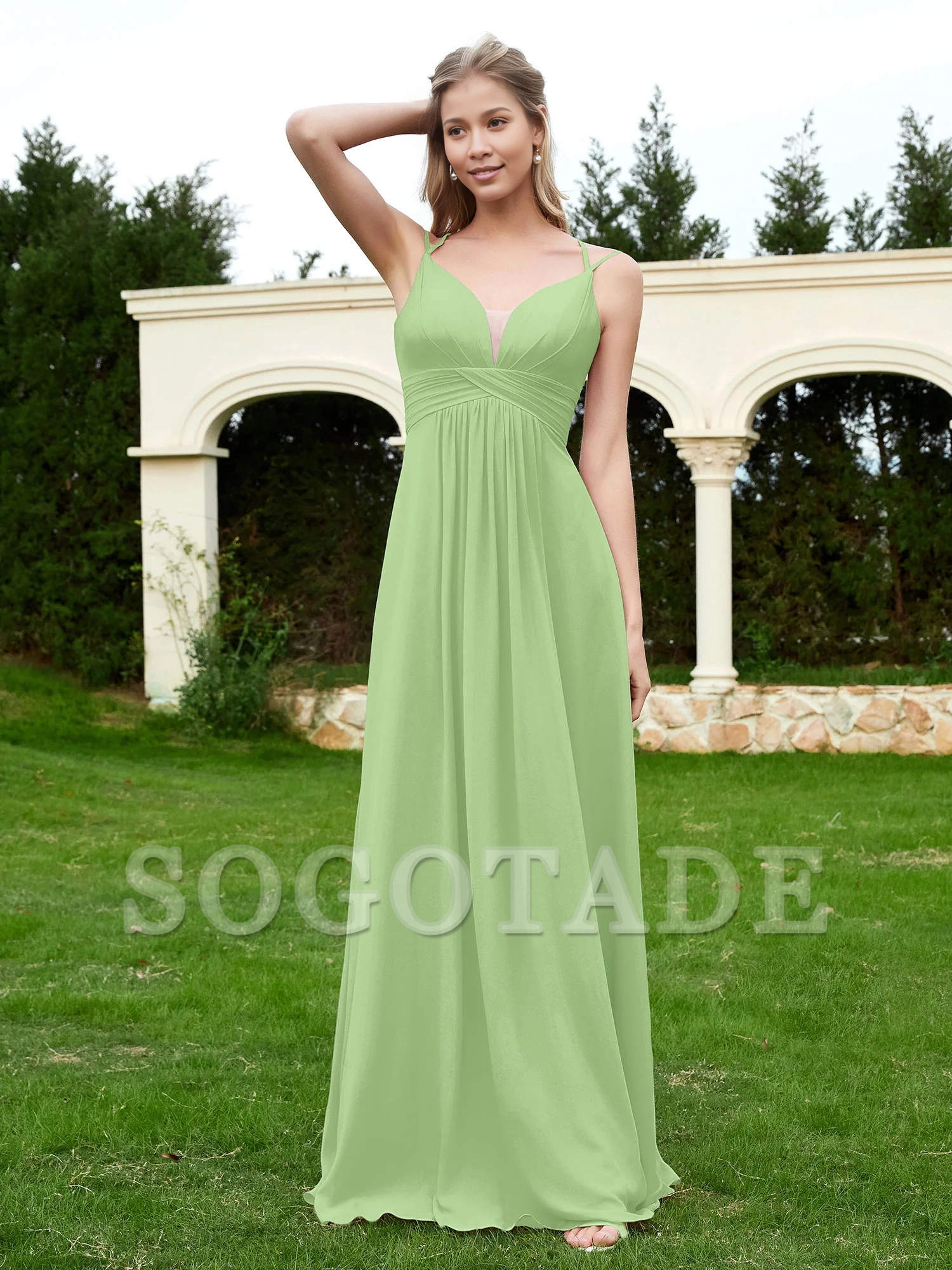 Ground length V-neck chiffon bridesmaid dress