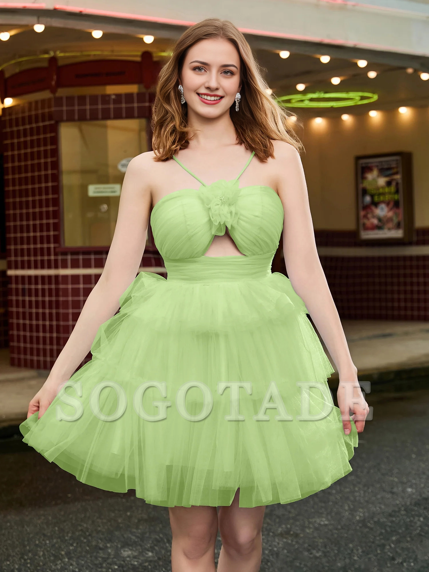 A-line hanging neck thin gauze layered short Homecoming dress-SOGOTADE