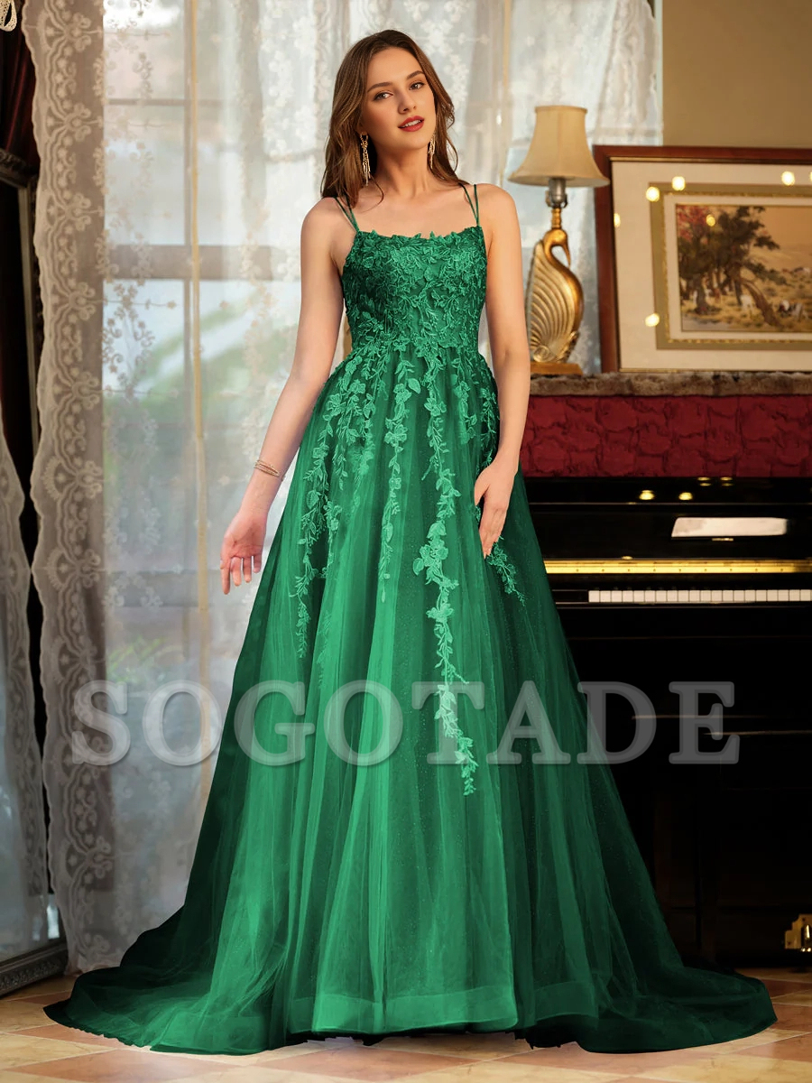 A-line princess chiffon thin shoulder strap embroidered long ball dress