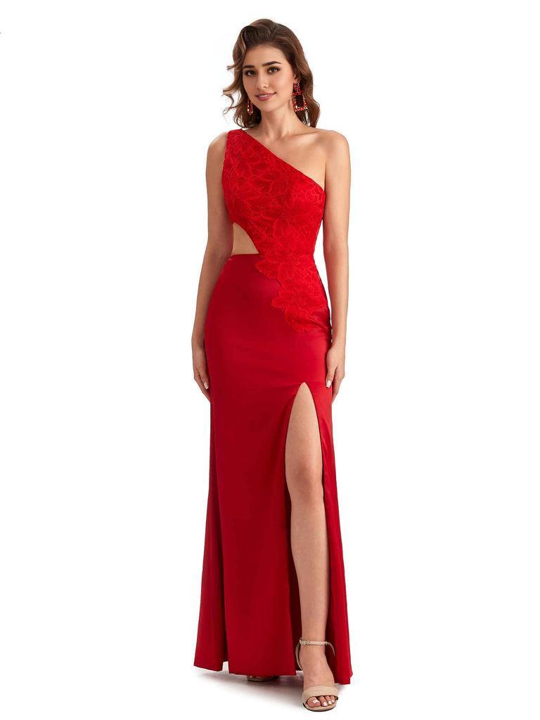 Sexy Side Slit Mermaid Lace Silky Satin One Shoulder Chic Long Bridesm