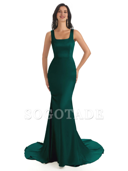 Soft satin unique square neck extra long fish tail bridesmaid dress