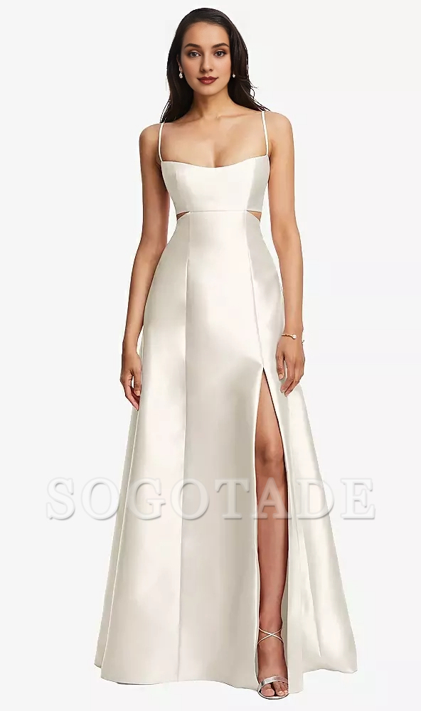 Bag open collar hollowed out satin twill A-line Prom dress