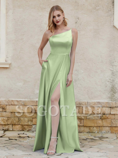 One shoulder satin dress with pocket bridesmaid dress