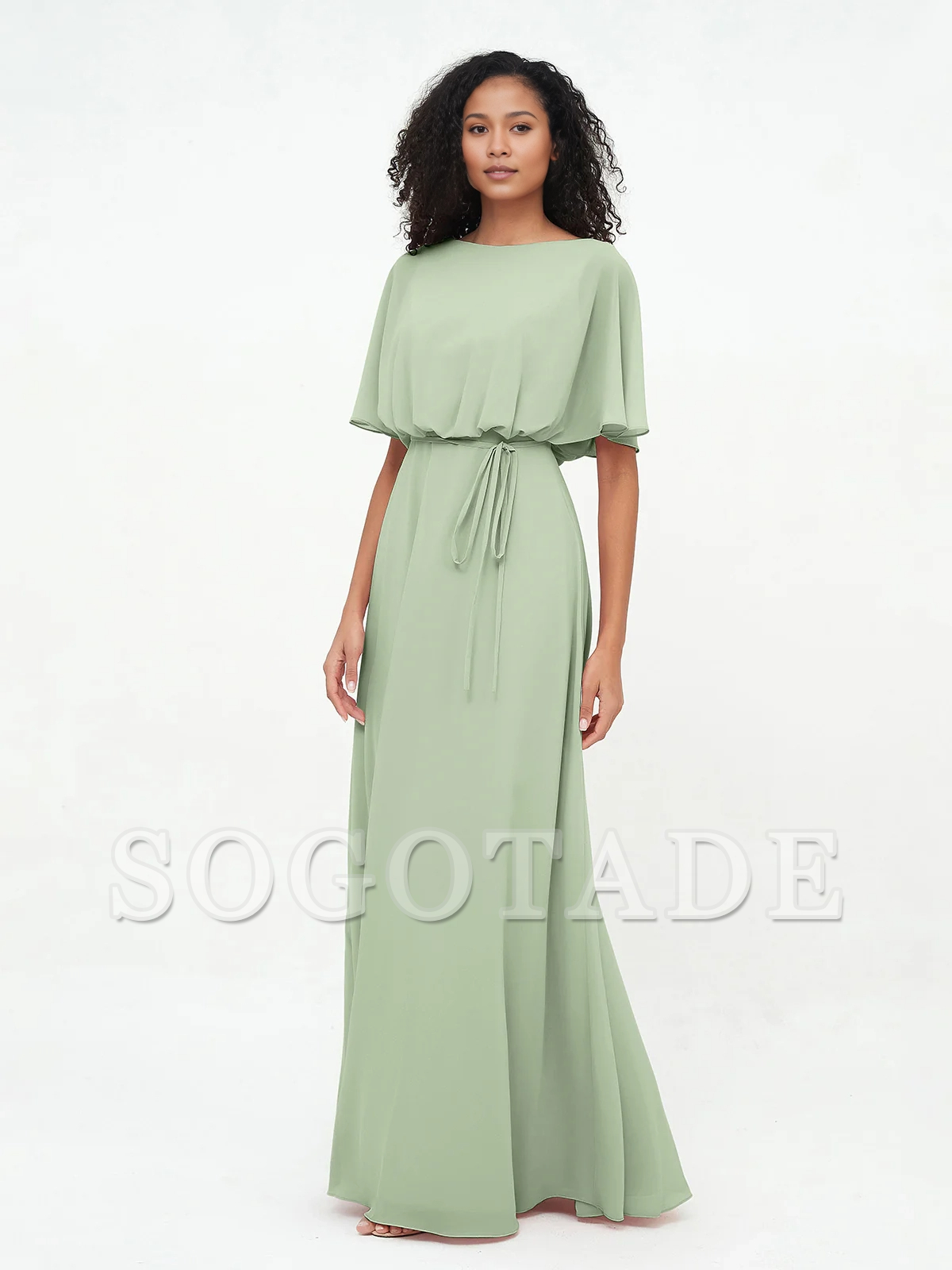Chiffon full-length wrapped bridesmaid dress