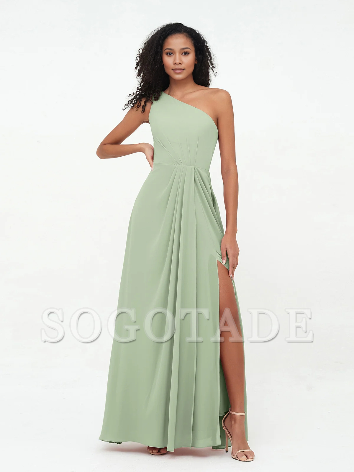 Split grey rose one shoulder chiffon bridesmaid dress