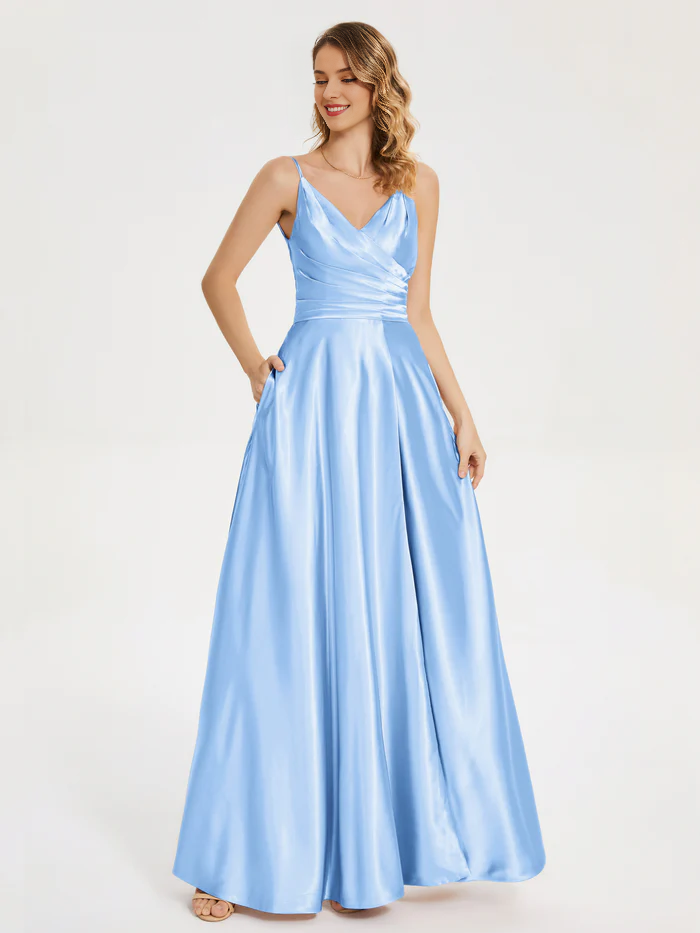 V-neck soft satin side slit bridesmaid dress