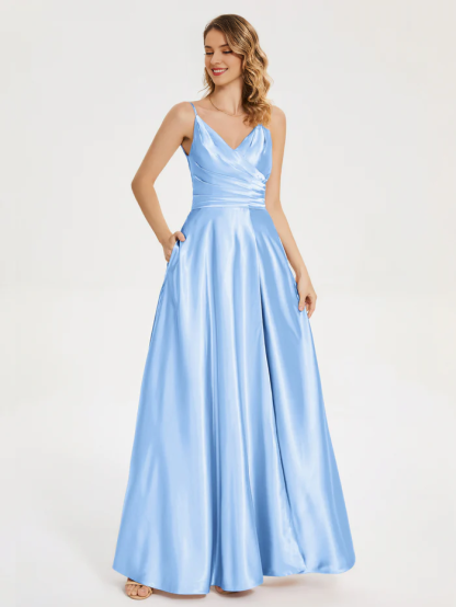 V-neck soft satin side slit bridesmaid dress