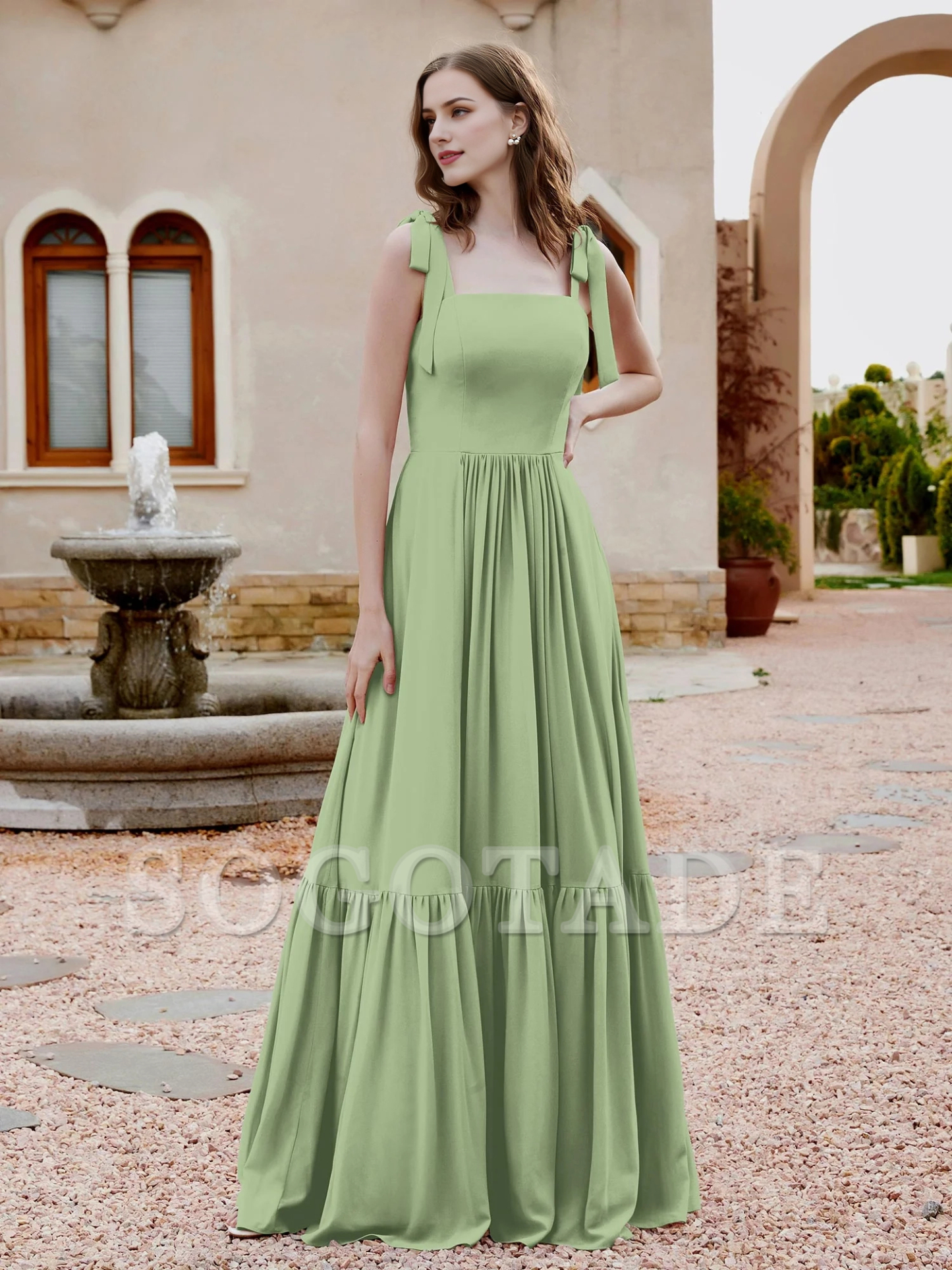 A-line butterfly bow ruffle sleeveless chiffon bridesmaid dress-SOGOTADE