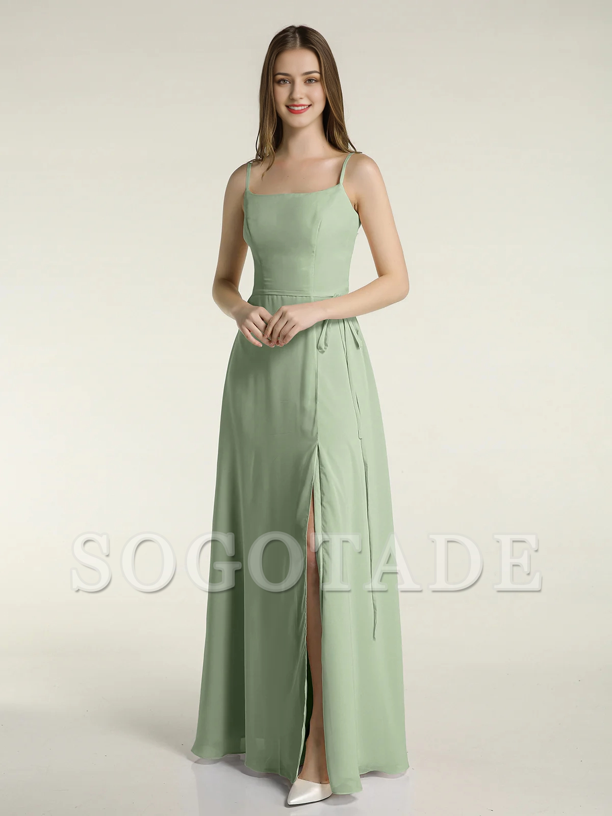 Simple slim shoulder strap slit chiffon dress