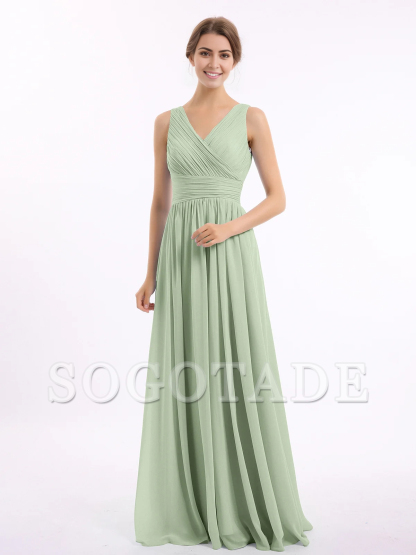V-neck and floor chiffon dress