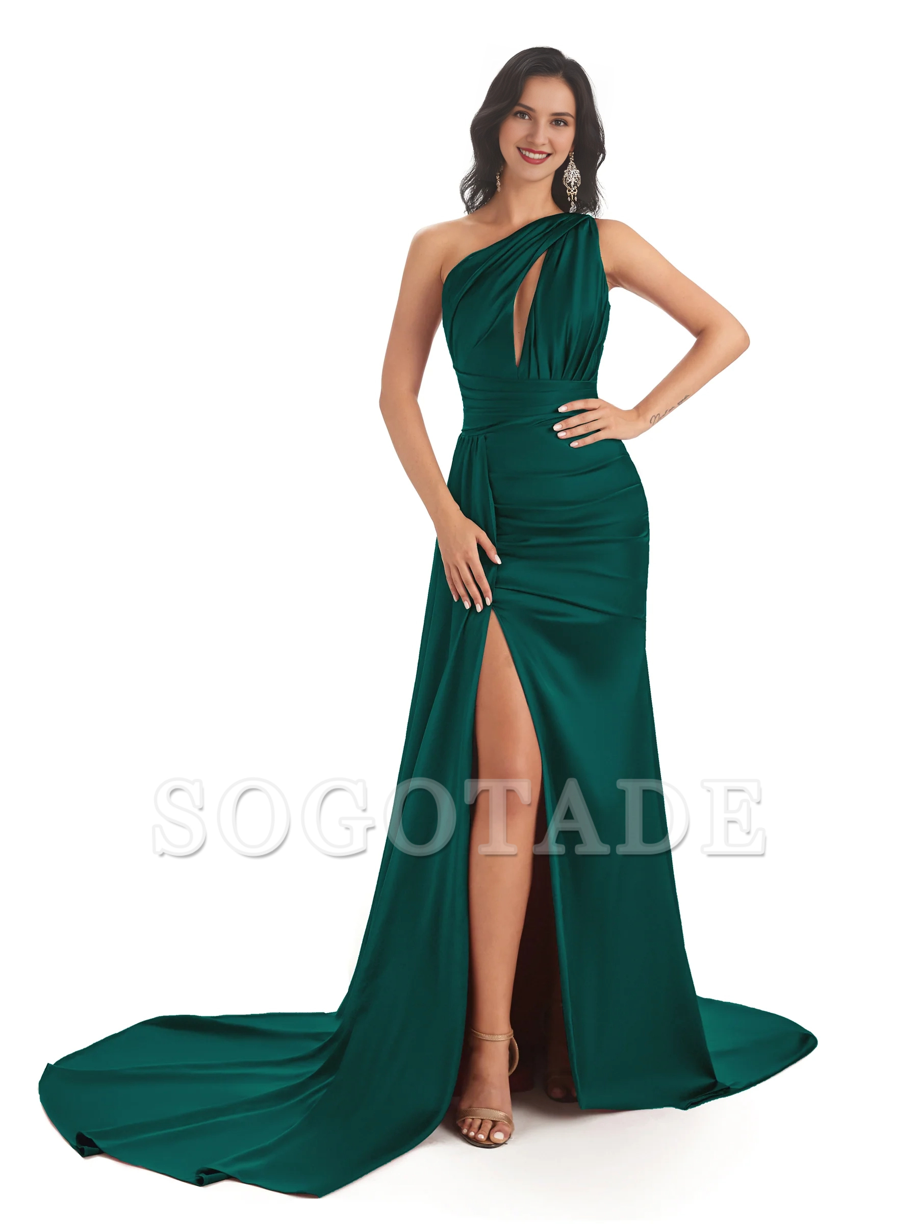 Sexy and soft satin side slit one shoulder fish tail long wedding bridesmaid dress
