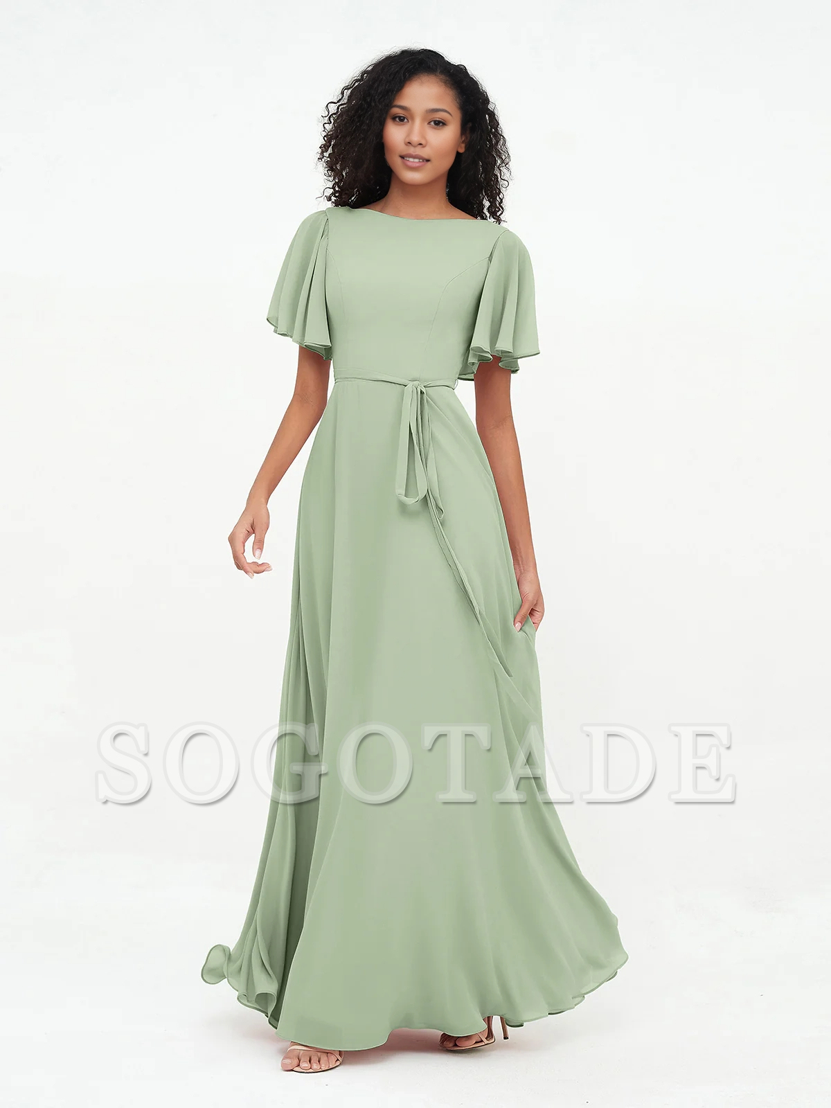 Bow fluttering sleeves chiffon bridesmaid dress