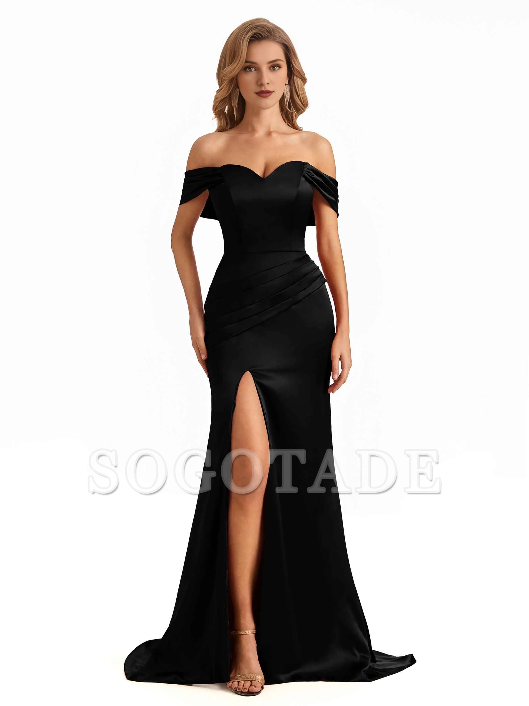 Sexy side slit mermaid off shoulder V-neck extra long soft satin bridesmaid dress
