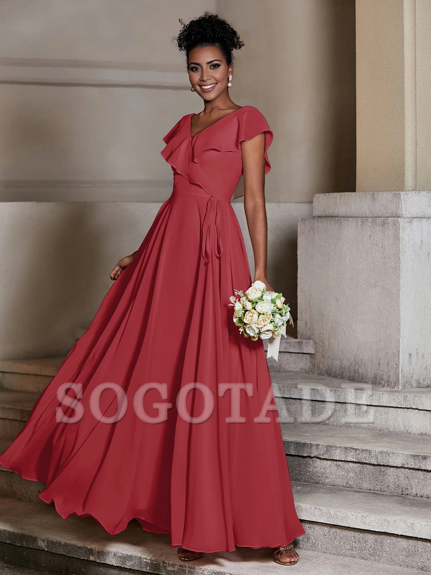 V-neck hooded chiffon dress