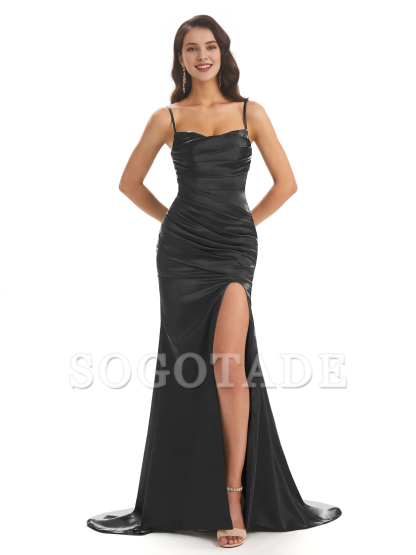 Sexy mermaid soft satin thin shoulder strap side slit bridesmaid dress