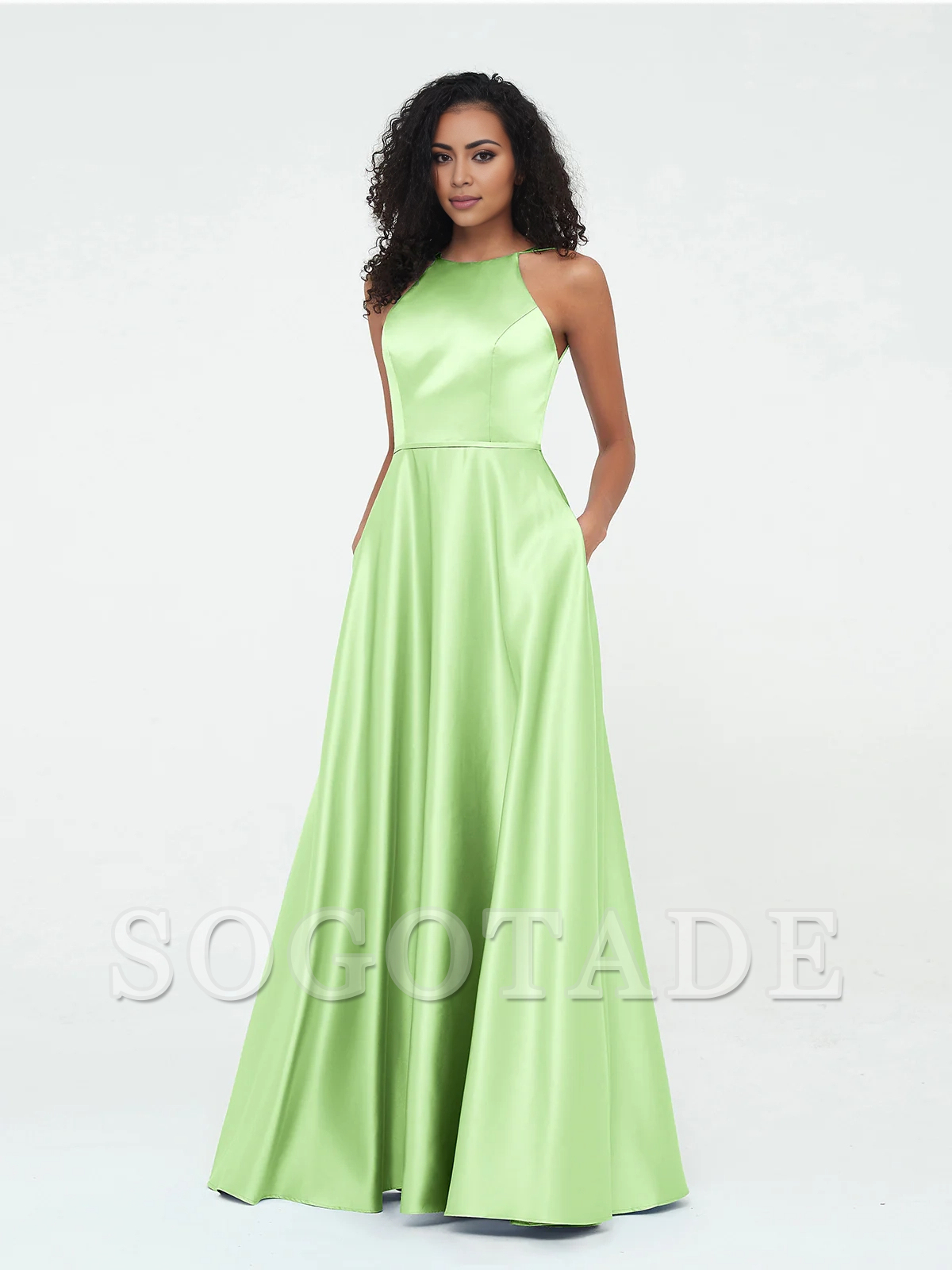 A-line hanging neck large pocket satin dress-SOGOTADE