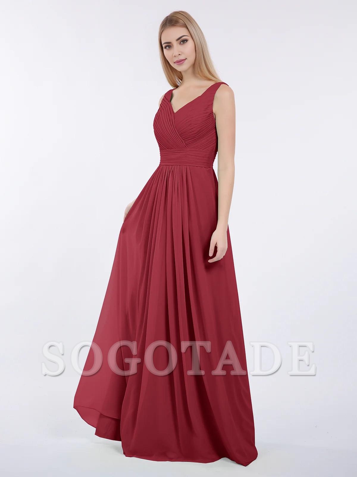 V-neck full-length chiffon pleated dress