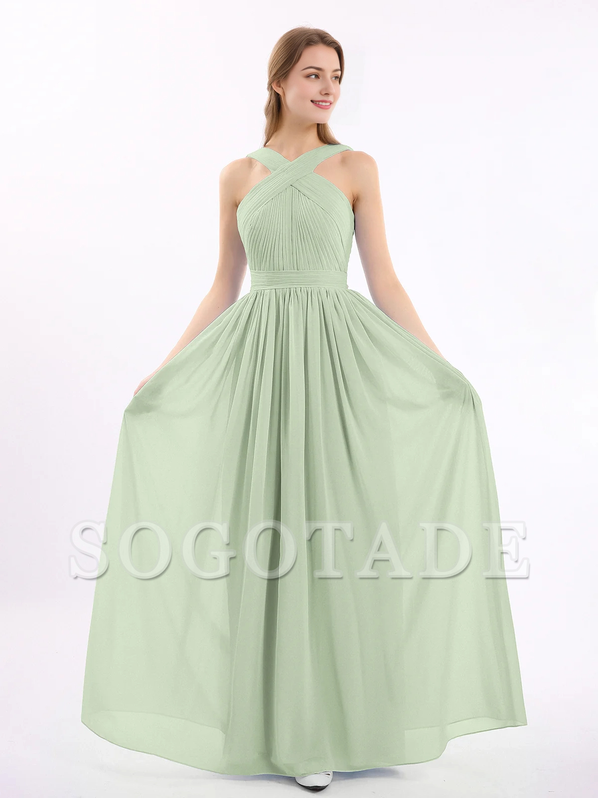 Bow front cross chiffon long dress