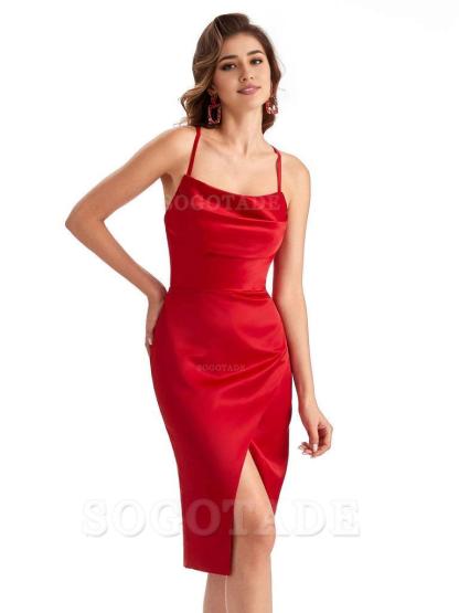 Elegant Spaghetti Straps Mermaid Soft Satin Knee Length Short Bridesmaid Dresses
